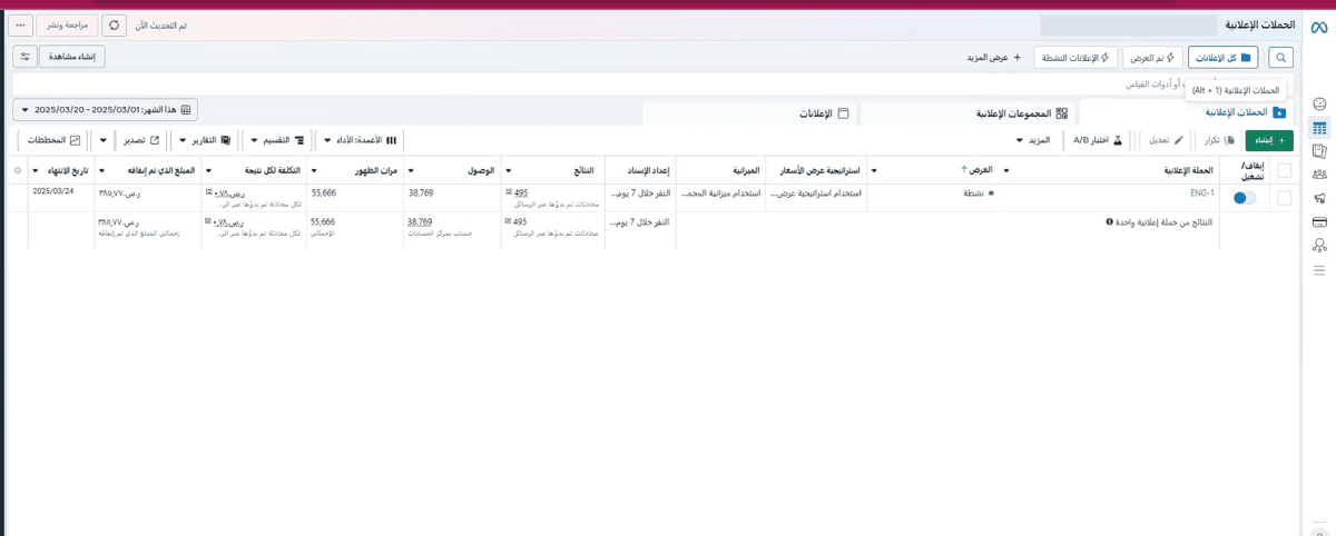 انشاء حملة احترافية على ميتا ونتائج الحلملات الى الان