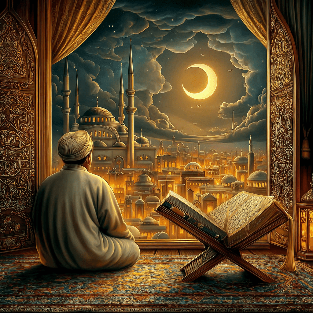 u8831564616_A_Muslim_man_in_white_clothes_sits_in_front_of_a__e583a680-92e7-4c96-9c56-f9d702d55e15_2