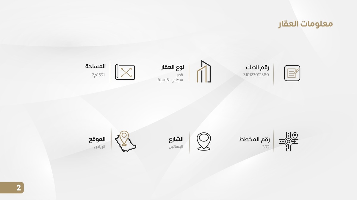 الدور الارضي (2 اوفس - مطبخ - 8 مجالس + 4 حمامات).