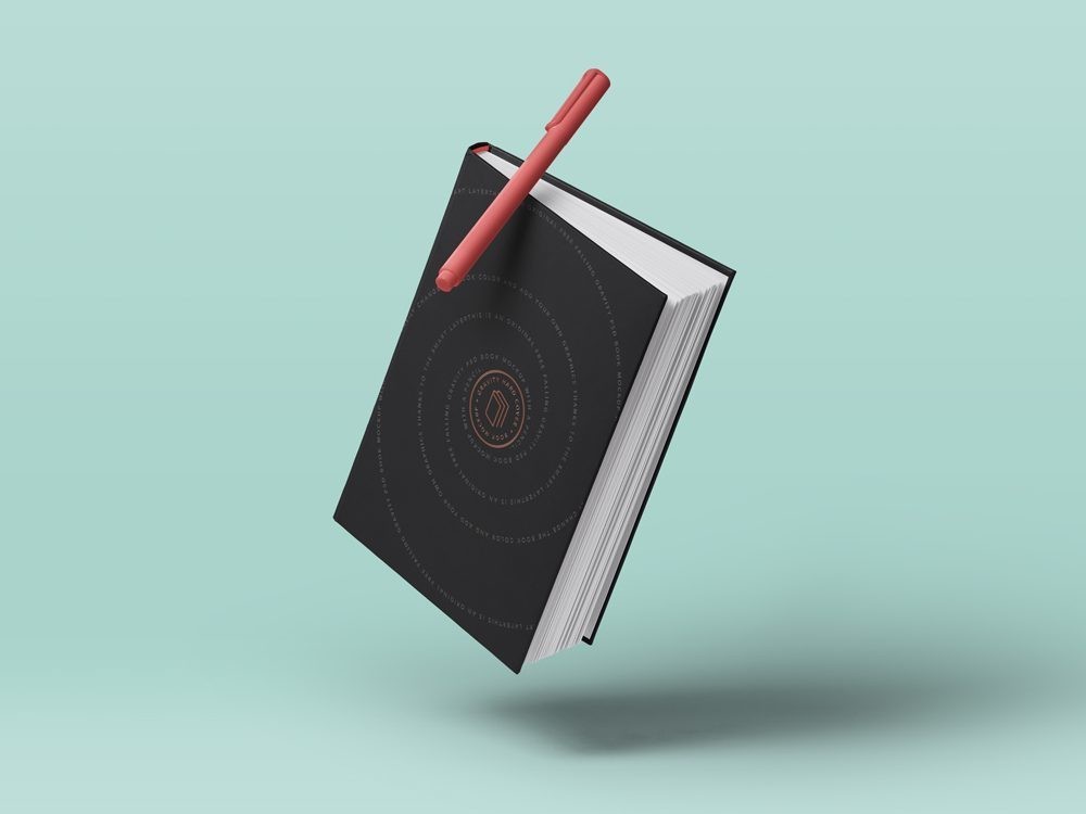 Floating_Hardcover_Book_with_Pen_Mockup
