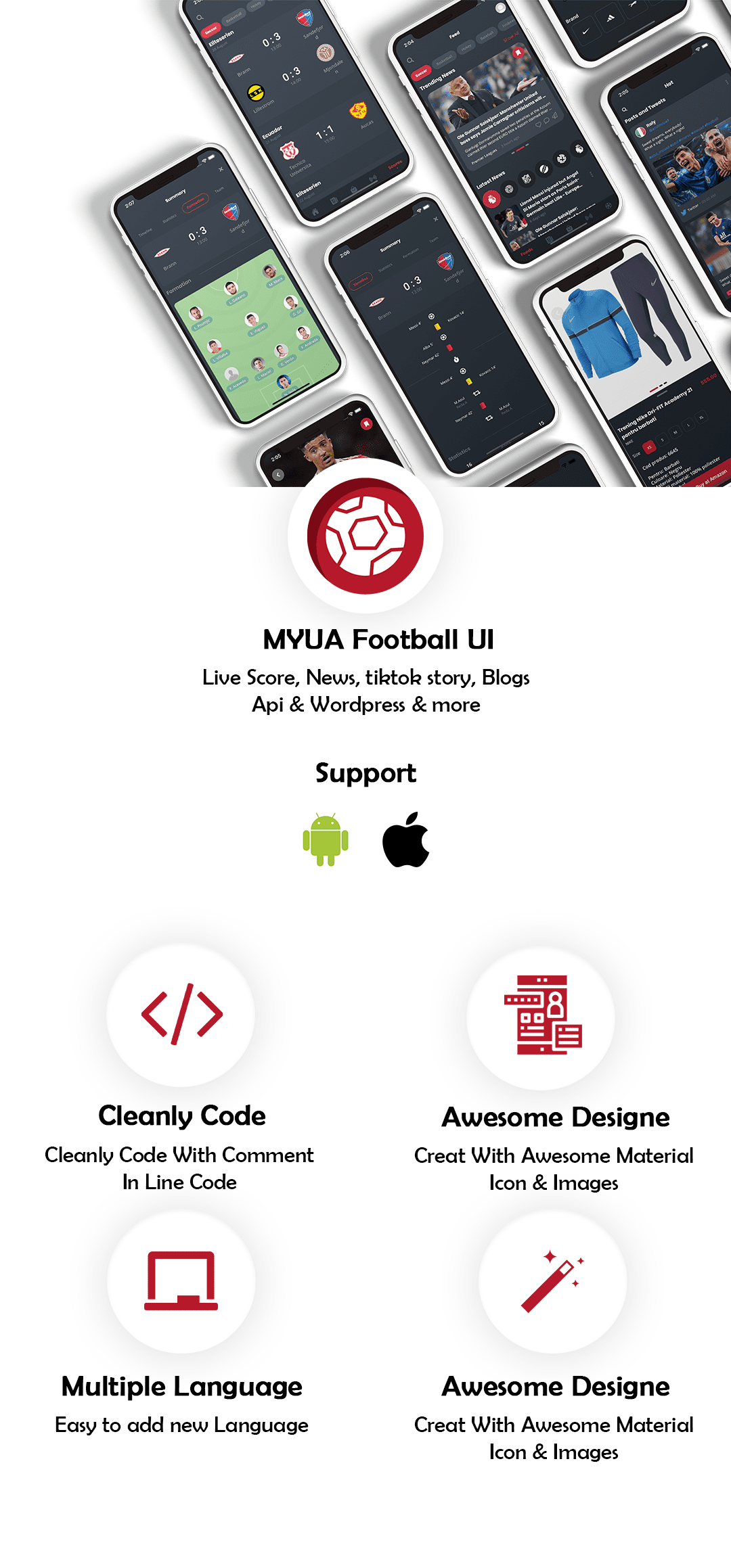 Myua Football UI kit: LiveScore, News, Store, Broadcasts... Flutter